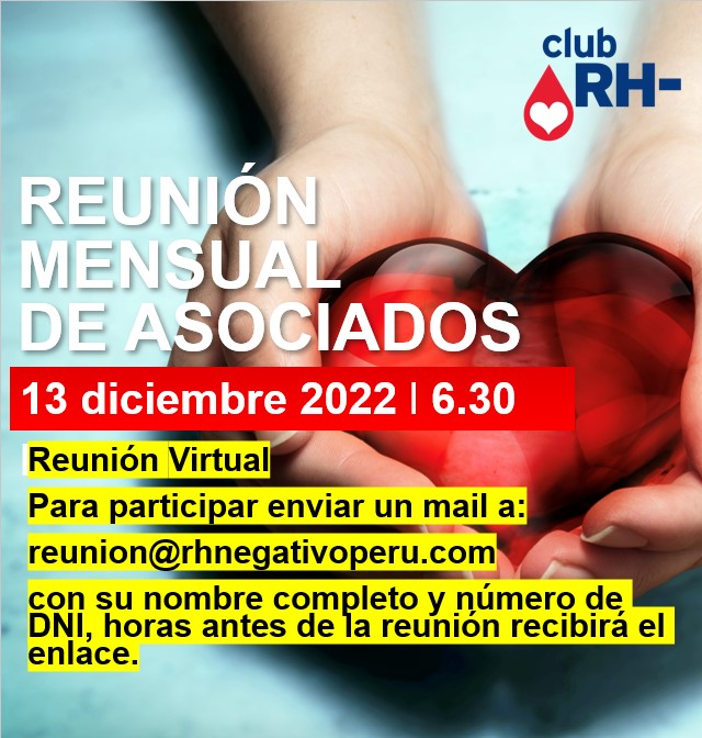Aviso Reunión VIRTUAL de Asociados Club RH Negativo Martes 13 de diciembre 2022 